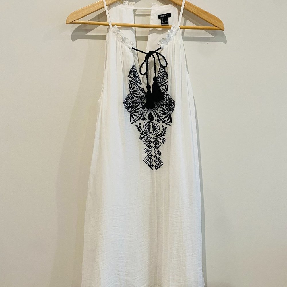 White, sleeveless, halter neck, shift mini dress